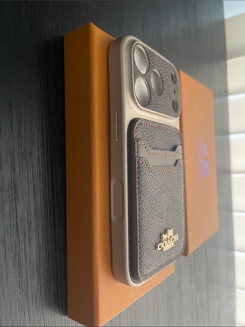 iPhone 17 pro Coach Brown Signature Canvas Card Phone Case with Gold Logo - Picture 4 of 8